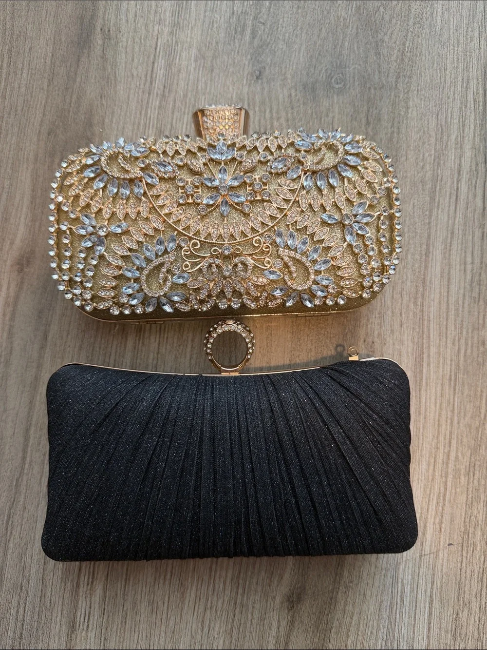 Gold Jeweled Evening Clutch with Black Pleated Satin Wristlet